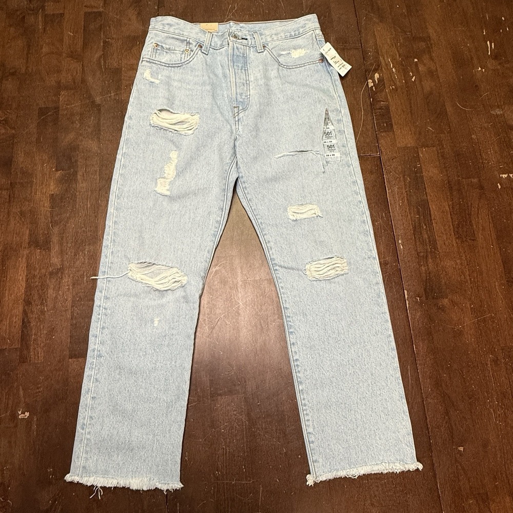 New Levis 501 Distressed High Rise Raw‎ Hem Blue Jeans Womens 28x26 (Fits 30x26)